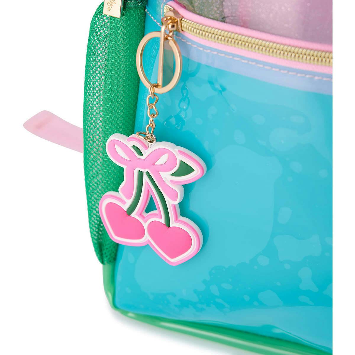 Colorblock Clear Backpack by Packed Party | Pink Glitter Panel, Blue Bow, Cherry Bag Charm | 17