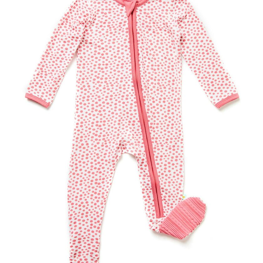 Soft & Stretchy Zipper Footie - Coral Dots