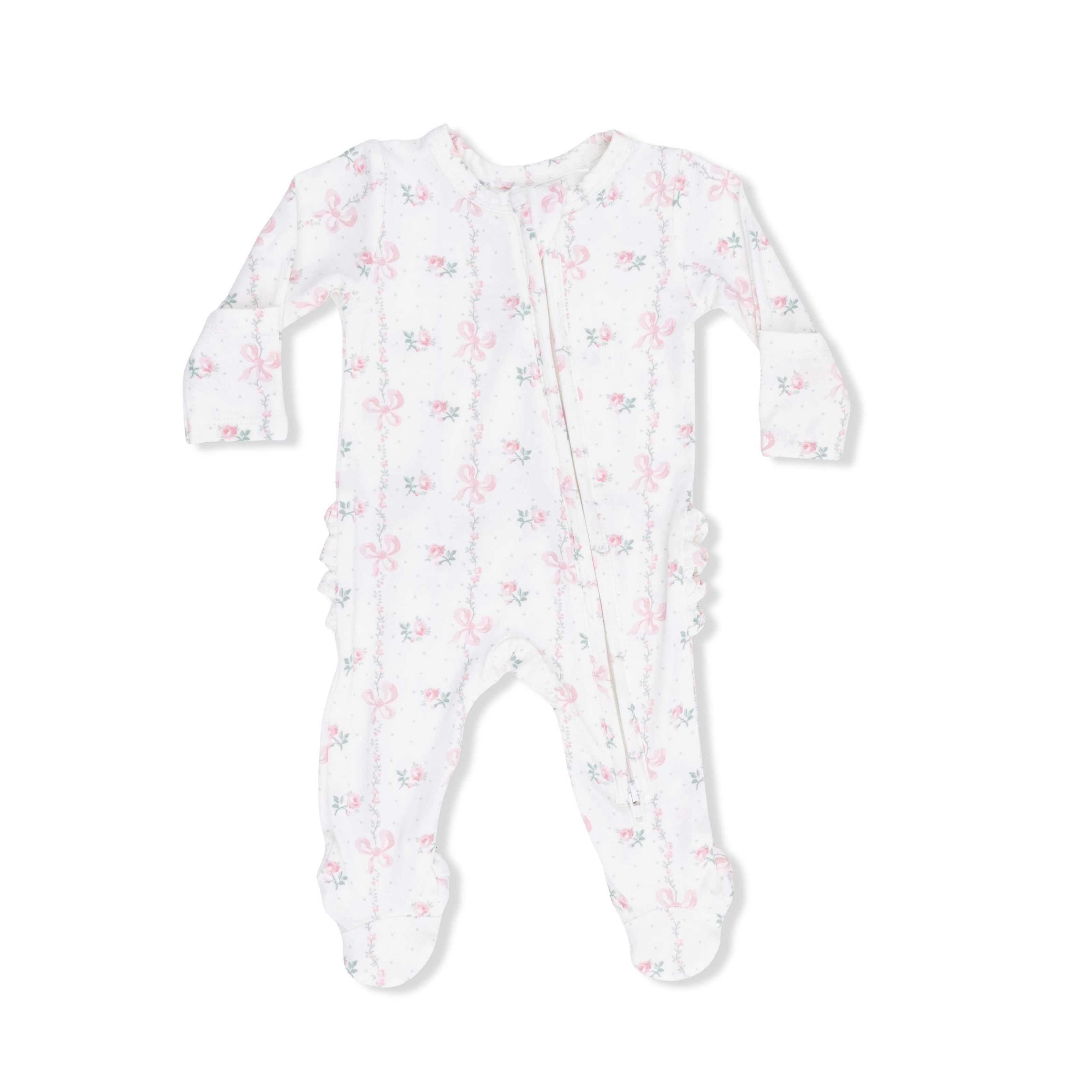 Dainty Buds and Bows - 2 Way Ruffle Back Zipper Footie