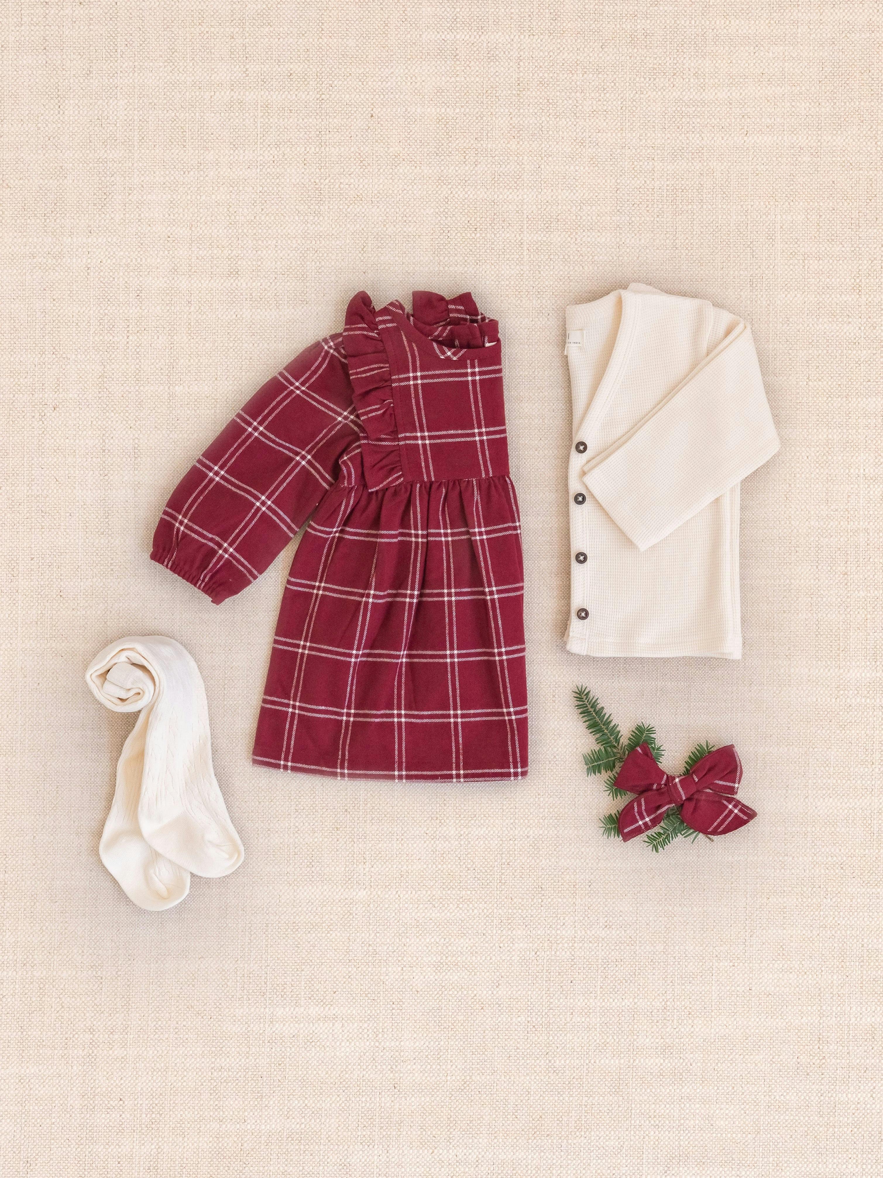 Celyn Flannel Ruffle Long Sleeve Dress - Pomegranate Plaid