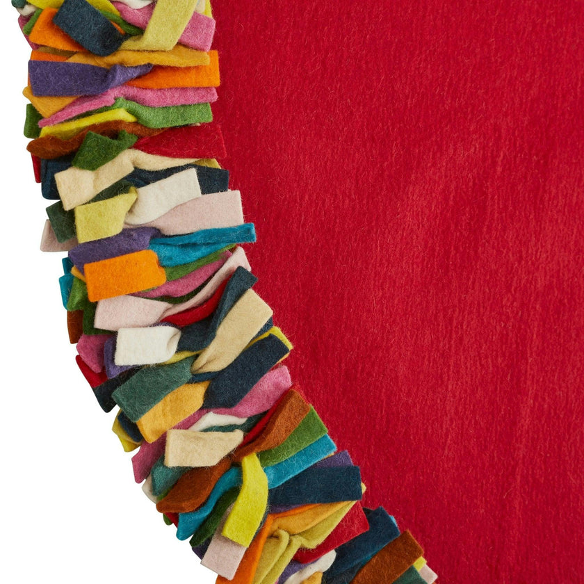 Handmade Felt Multicolor Fringe Border Red Wool Christmas Tree Skirt