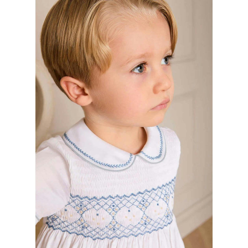 Hand Smocked Peter Pan Collar Short Sleeve Two Piece Set in Sky Blue (12mths-6yrs)
