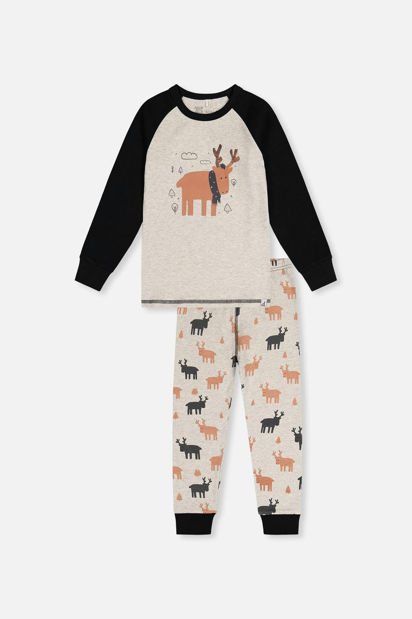 Organic Cotton Two Piece Pajama Set Beige Elk Print