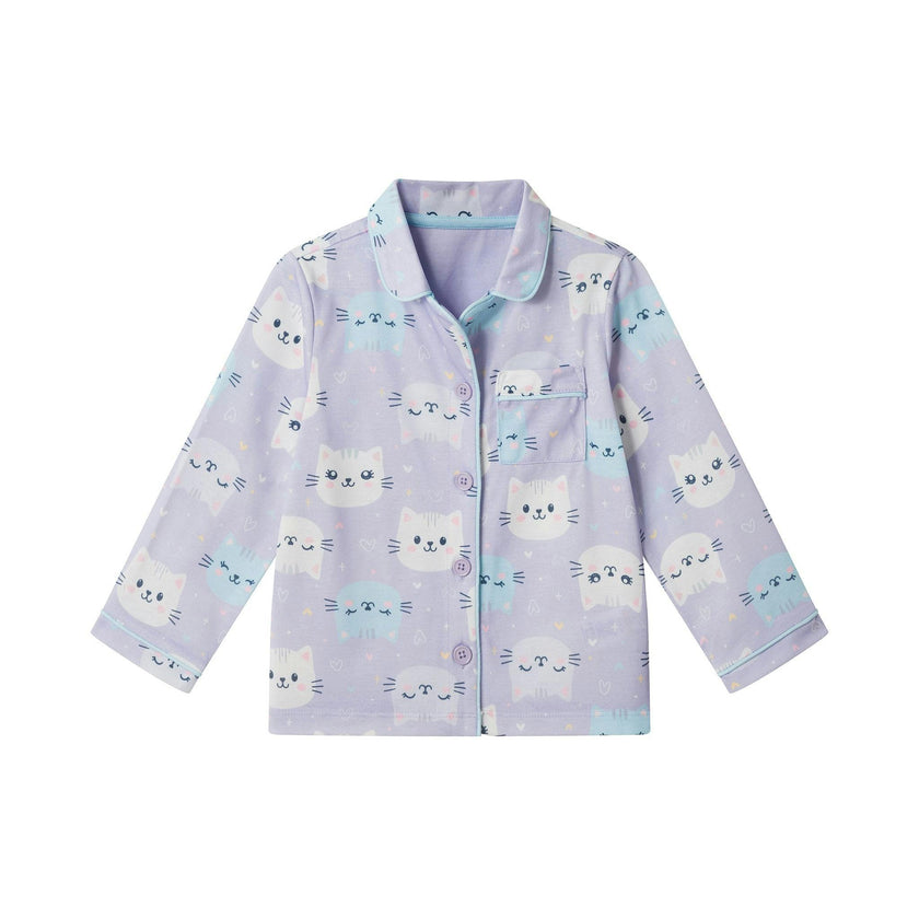 Girls Buttondown Pajama Set | Kitty Cats - Purple
