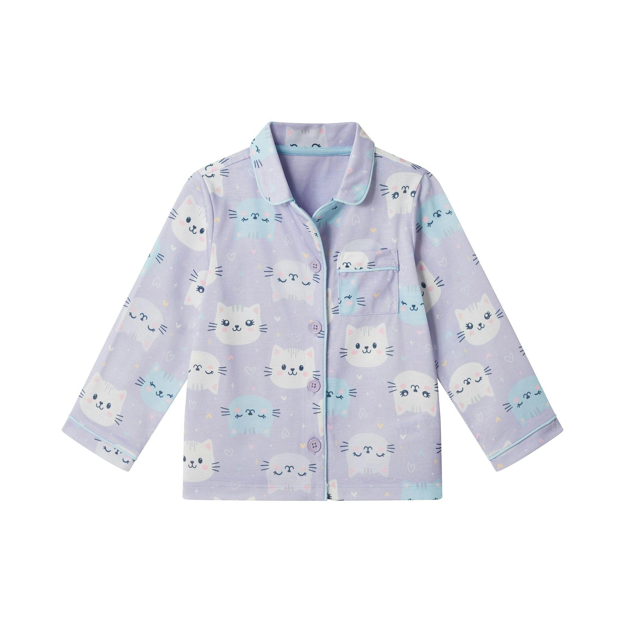 Girls Buttondown Pajama Set | Kitty Cats - Purple