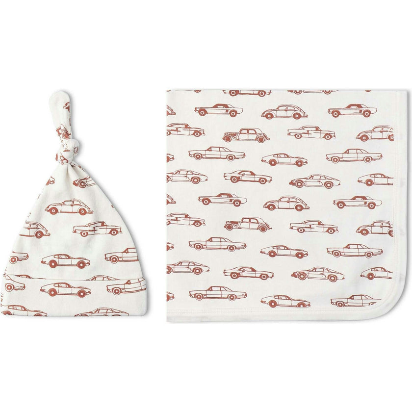 Organic Swaddle Blanket & Hat Set - Cars