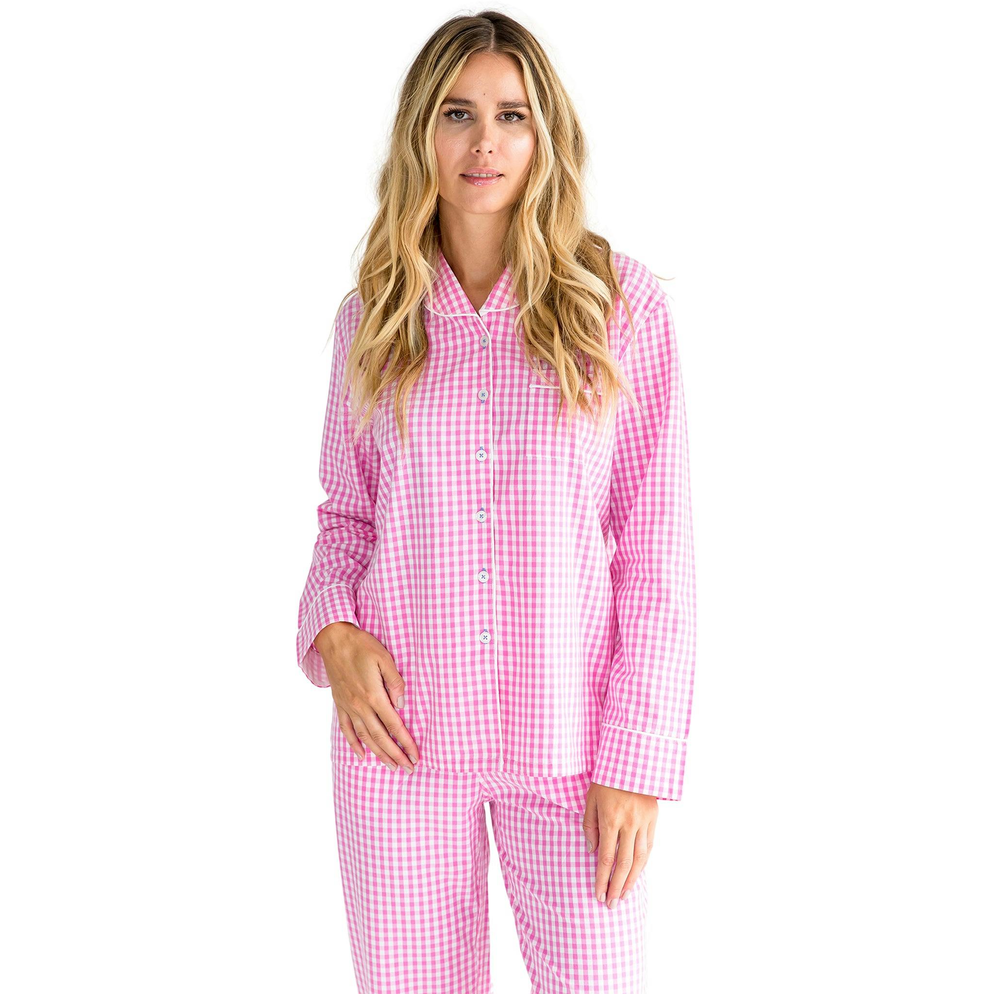 Women's Hepburn Gingham Pink Long PJ Set - Organic Cotton Poplin
