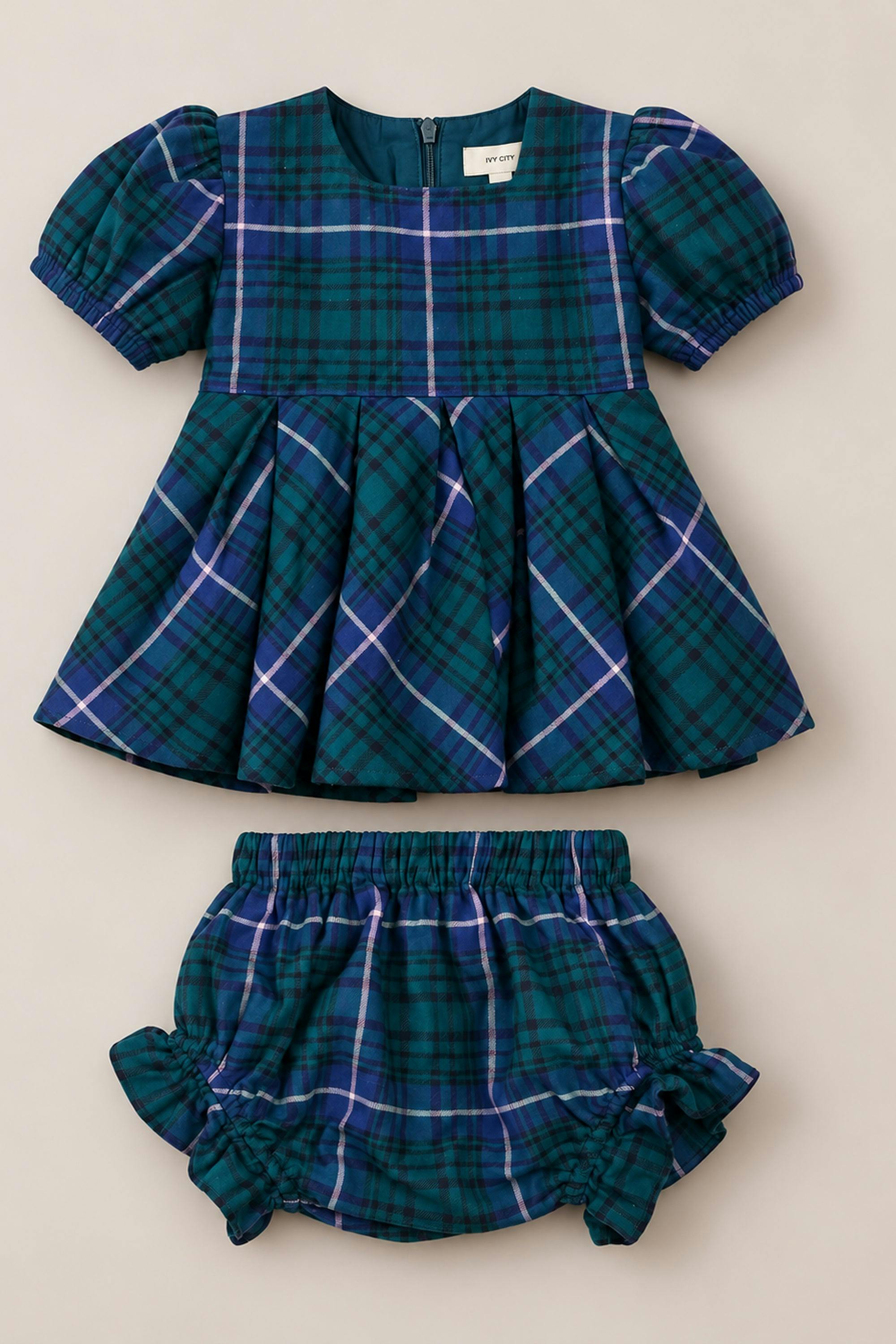 Baby Cupcake Dress Set in Emerald Plaid
