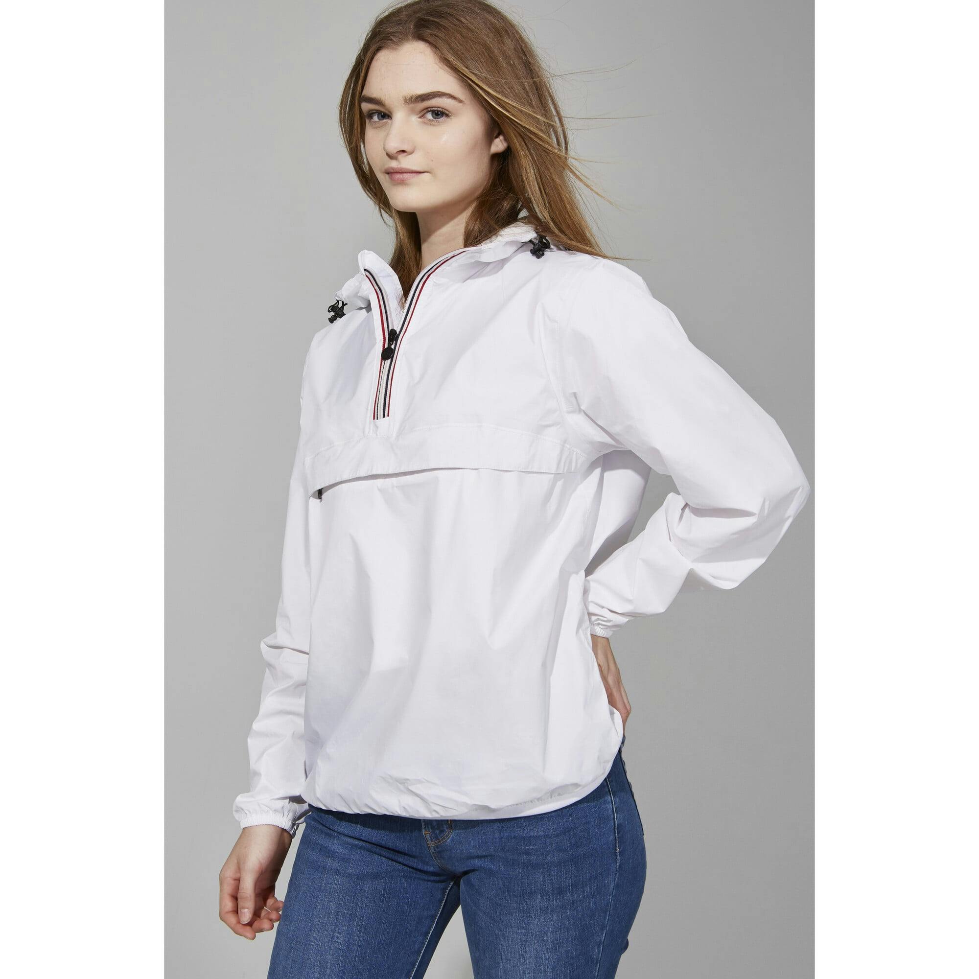 White quarter zip packable rain jacket and windbreaker