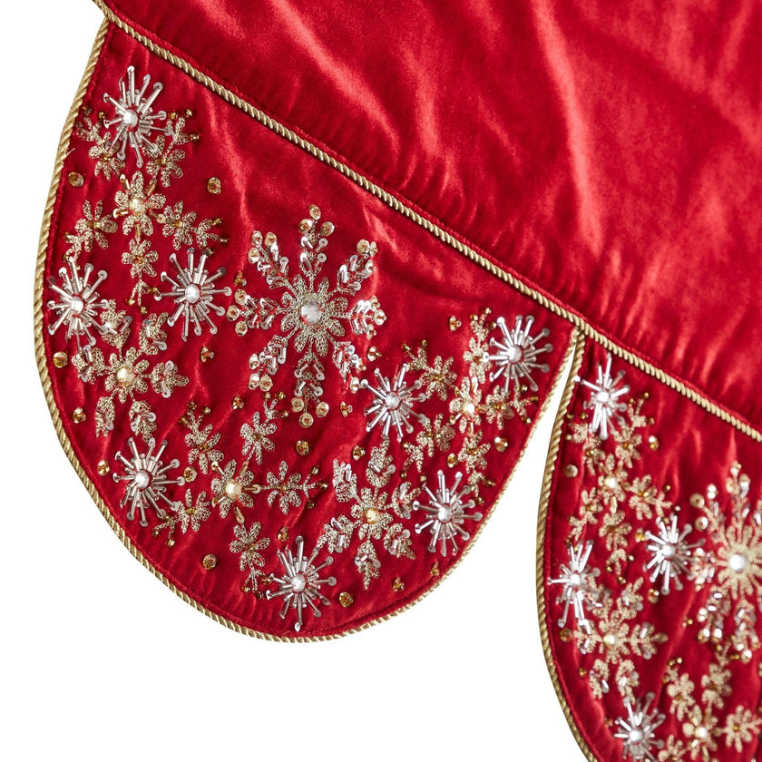 Red Velvet Mantel Scarf Hand Beading and Crewel Embroidery - 72"