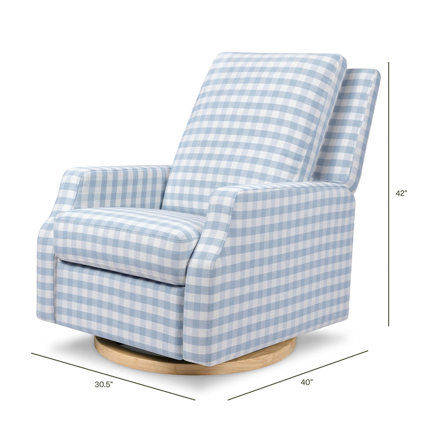 Crewe Electronic Recliner and Swivel Glider in Blue Gingham with Light Wood Base
