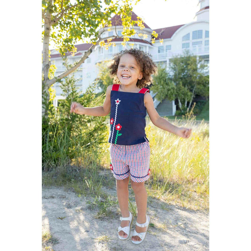 Plaid Seersucker Shorts With Ric Rac & Flowers
