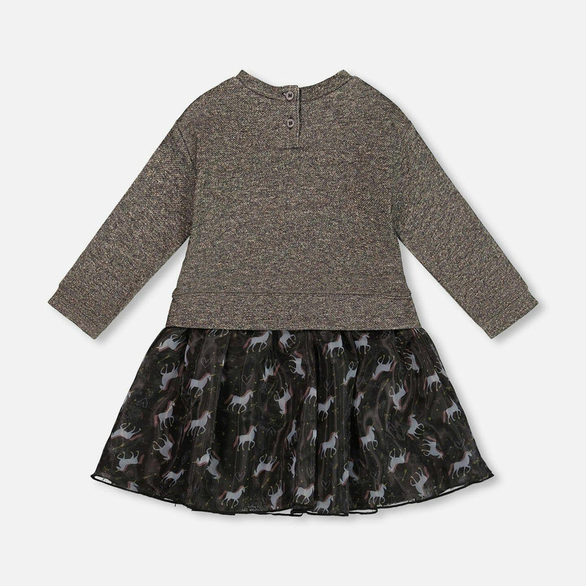 Bi-Material Dress with Mesh Skirt and Heart