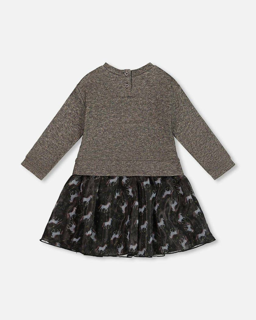 Bi-Material Dress Black With Mesh Skirt And Heart