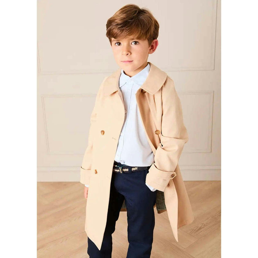 Double Breasted George Check Lined Rain Coat With Detachable Hood in Beige (2-10yrs)