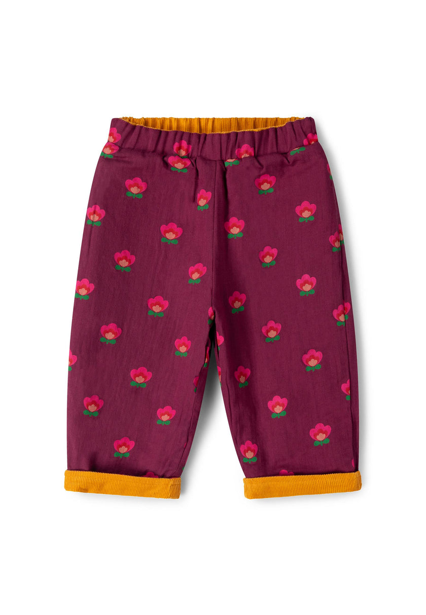 Pink Flowers Reversible Pull On Trousers, Purple