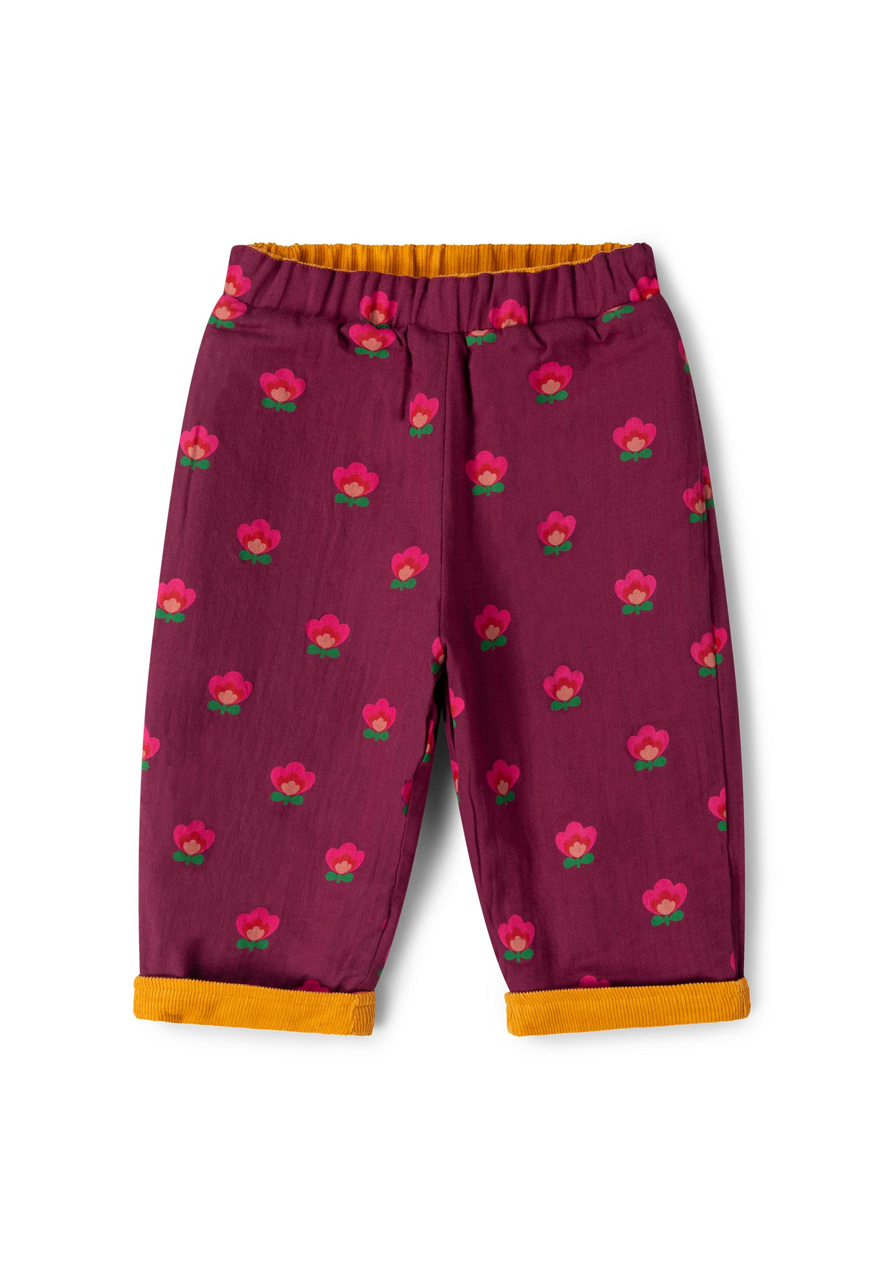 Pink Flowers Reversible Pull On Trousers, Purple