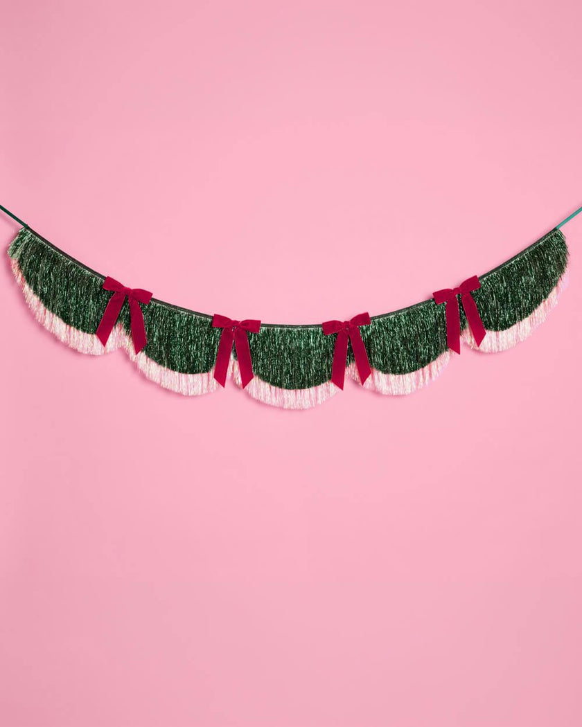 Christmas Bow Banner - fringe + velvet bows