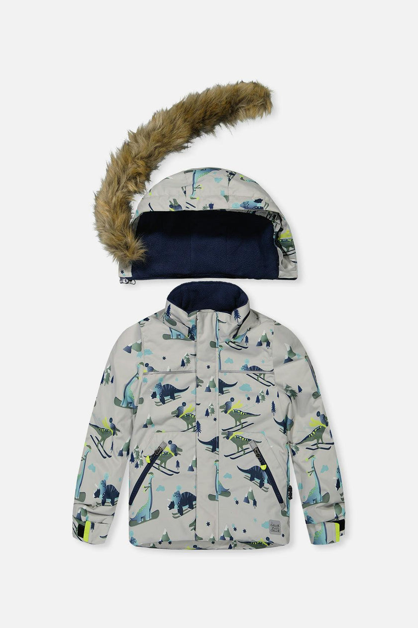 Two Piece Discover Snowsuit Grey Skiing Dinosaur Print