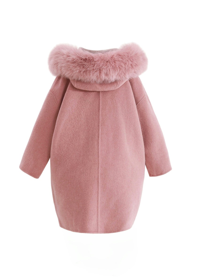 Pink Wool Coat with Faux Fur Hood