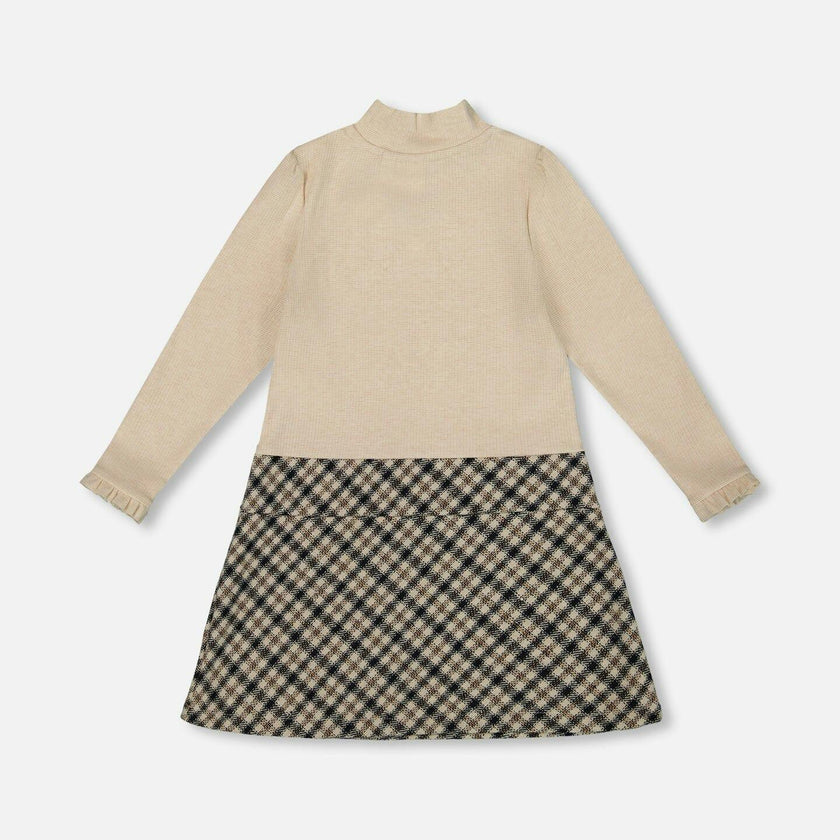 Long Sleeve Bi-Material Mock Neck Dress and Plaid
