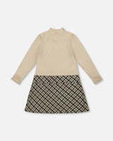 Long Sleeve Bi-Material Mock Neck Dress and Plaid