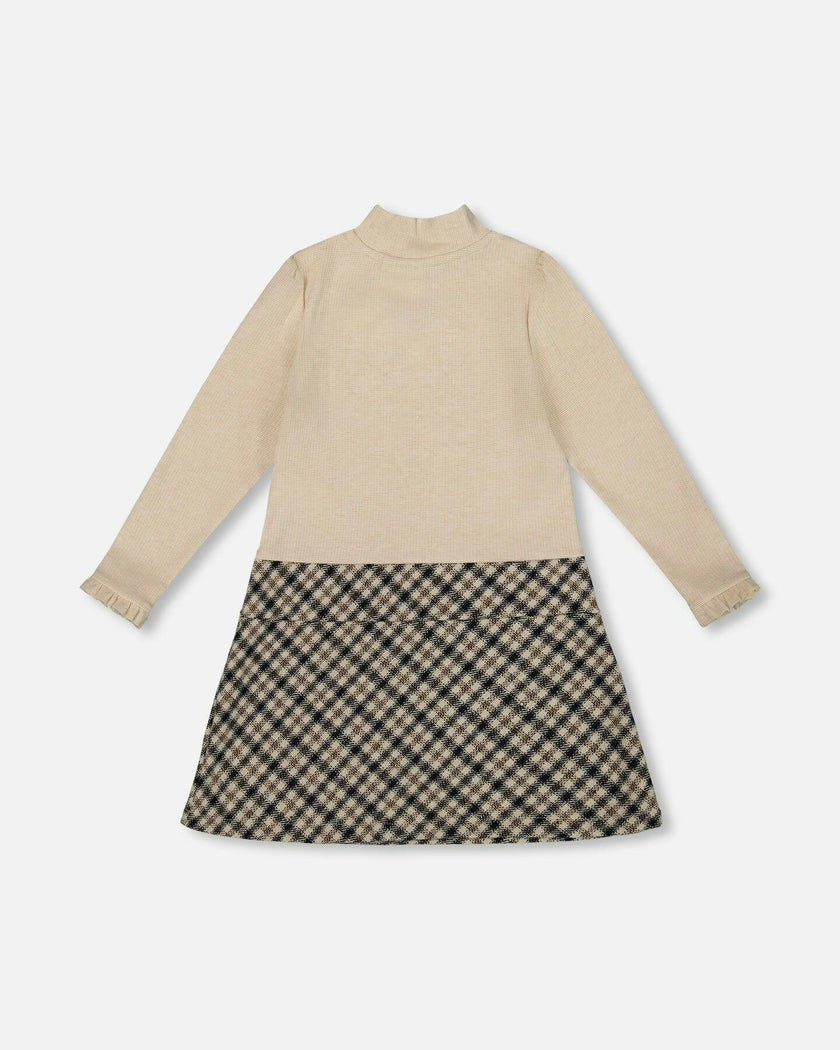 Long Sleeve Bi-Material Mock Neck Dress and Plaid
