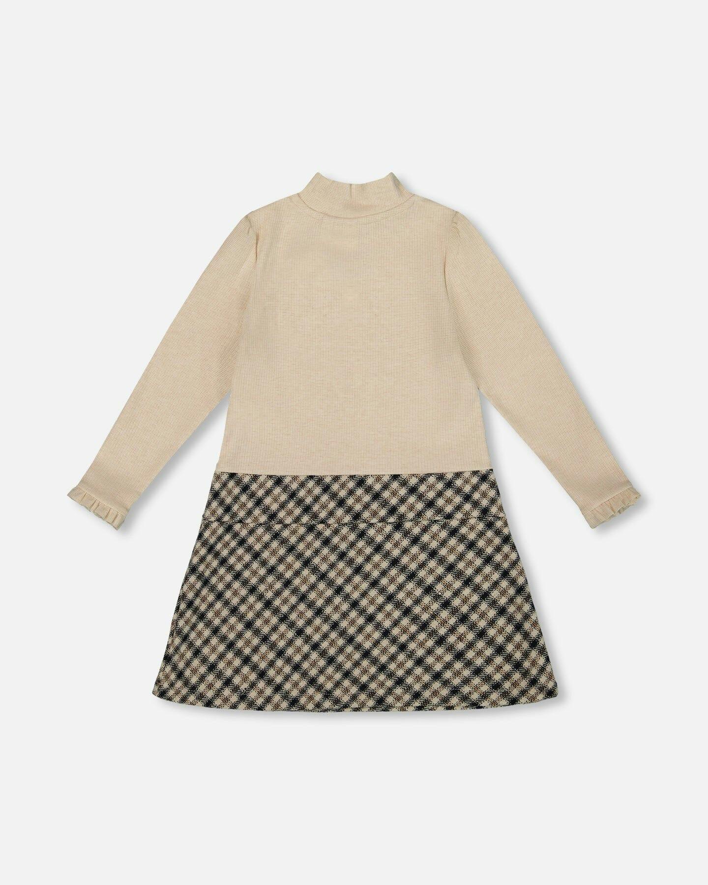 Long Sleeve Bi-Material Mock Neck Dress and Plaid