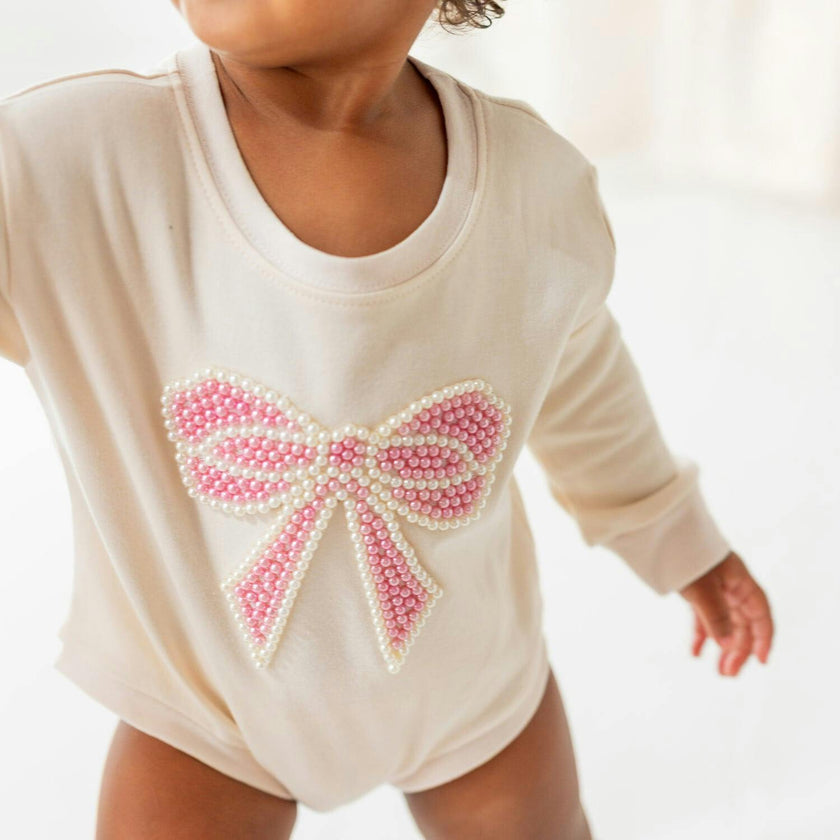 Pearl Bow Patch Long Sleeve Romper