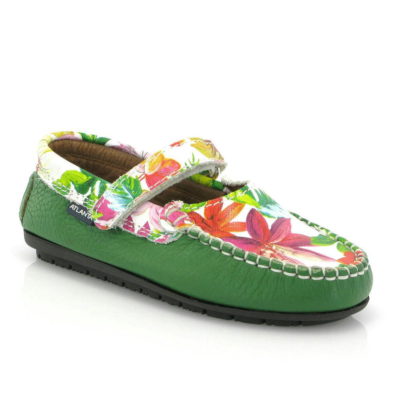 Mary Jane Moccasins, Green Printed Leather