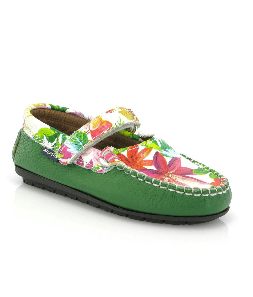 Mary Jane Moccasins, Green Printed Leather