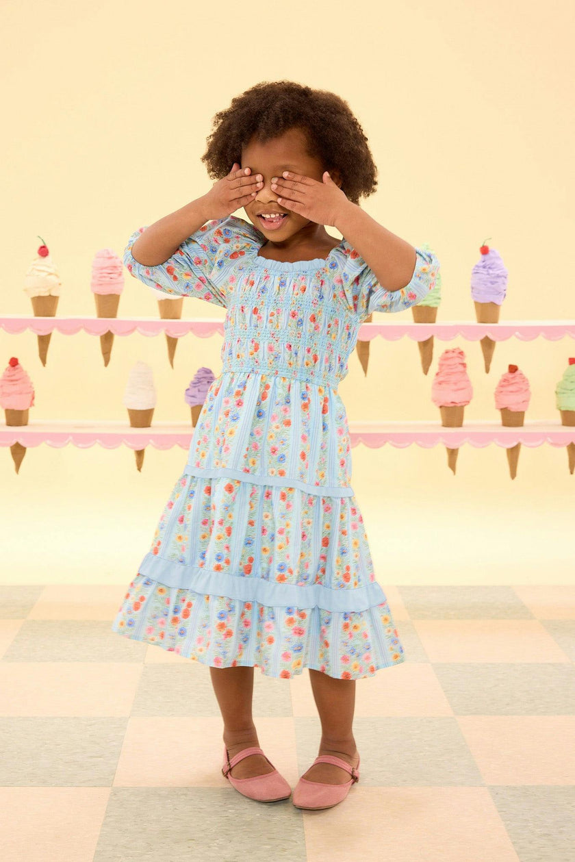 Mini Roselyn Dress in Blue Linear Floral Print