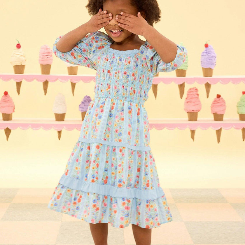 Mini Roselyn Dress in Blue Linear Floral Print