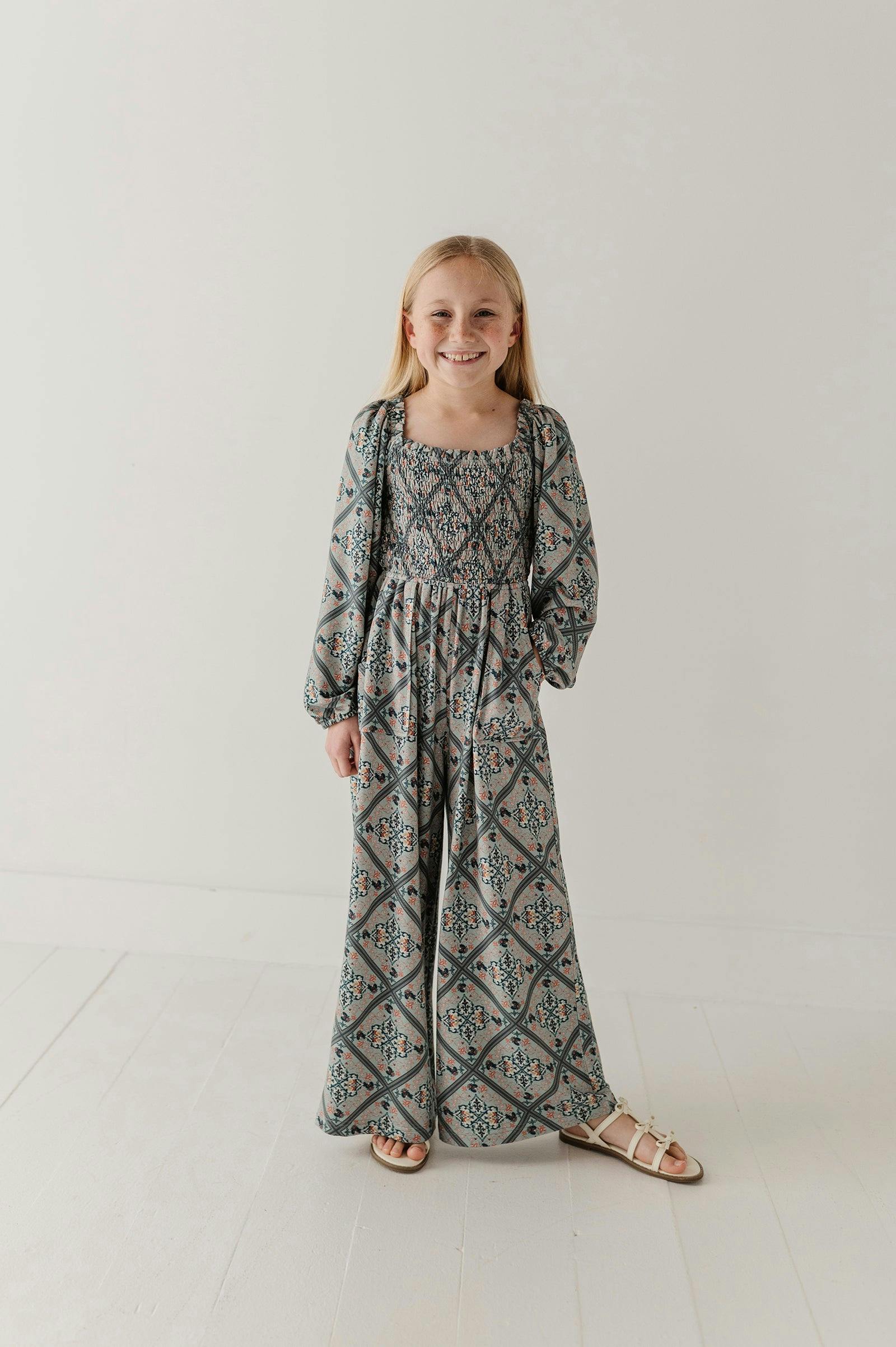 Girls Smocking Knit Jumpsuit in Landon Ethnic Diamond