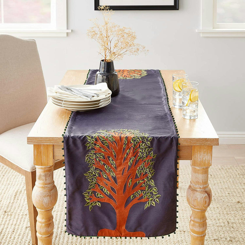 Handmade Navy Silk Table Runner Tree of Life Embroidery and Hand Beading - 18"x72"