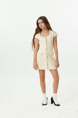 Zoe Cream Dress With Bow Buttons Vegan Leather Cap Sleeve