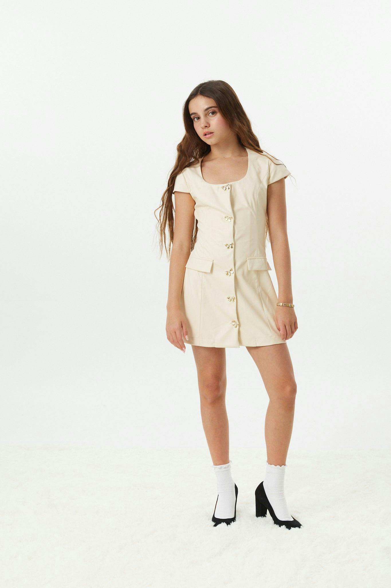 Zoe Cream Dress With Bow Buttons Vegan Leather Cap Sleeve