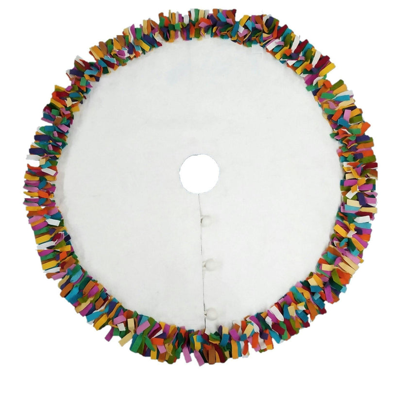 Handmade Felt Multicolor Fringe Border Cream Christmas Tree Skirt Arcadia Home