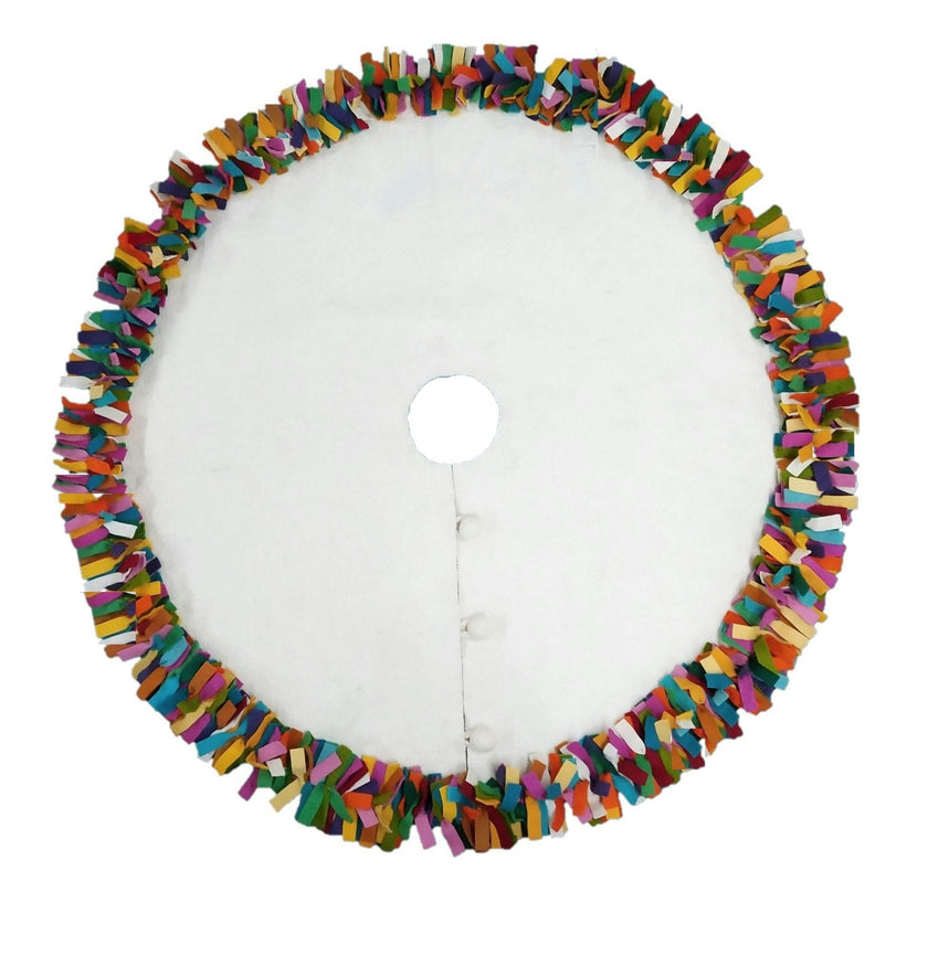 Handmade Felt Multicolor Fringe Border Cream Christmas Tree Skirt - 51" / 72"