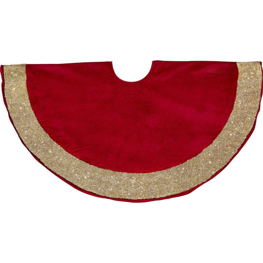 Red Velvet Christmas Tree Skirt Hand Beaded Gold Border - 60" / 72"