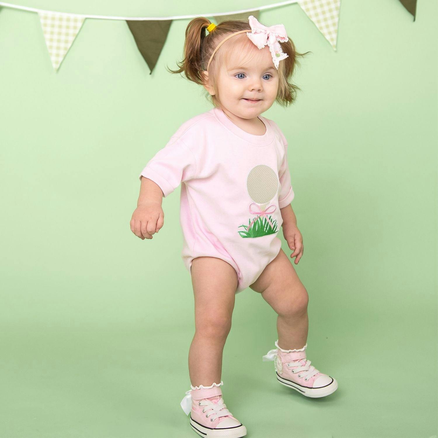 Golf Tee Bow Patch Short Sleeve Romper - Ballet