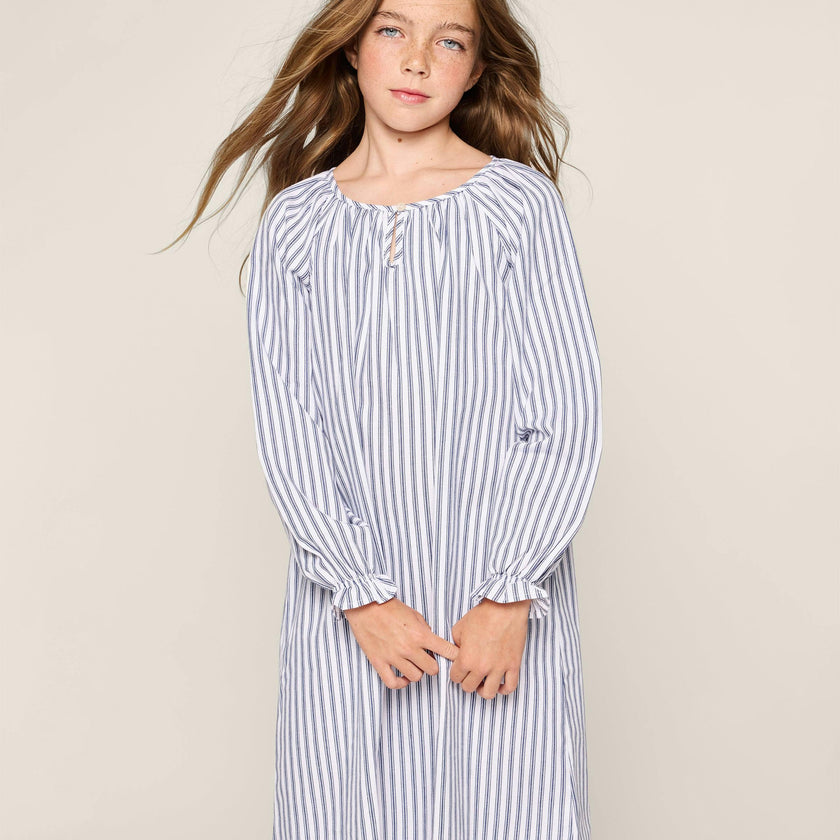 Girl's Twill Delphine Nightgown in Navy French Ticking
