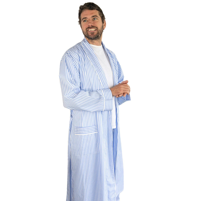 Men's Braddock Classic Robe - Blue Stripe Organic Cotton Poplin