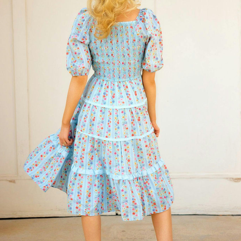 Roselyn Dress in Blue Linear Floral Print