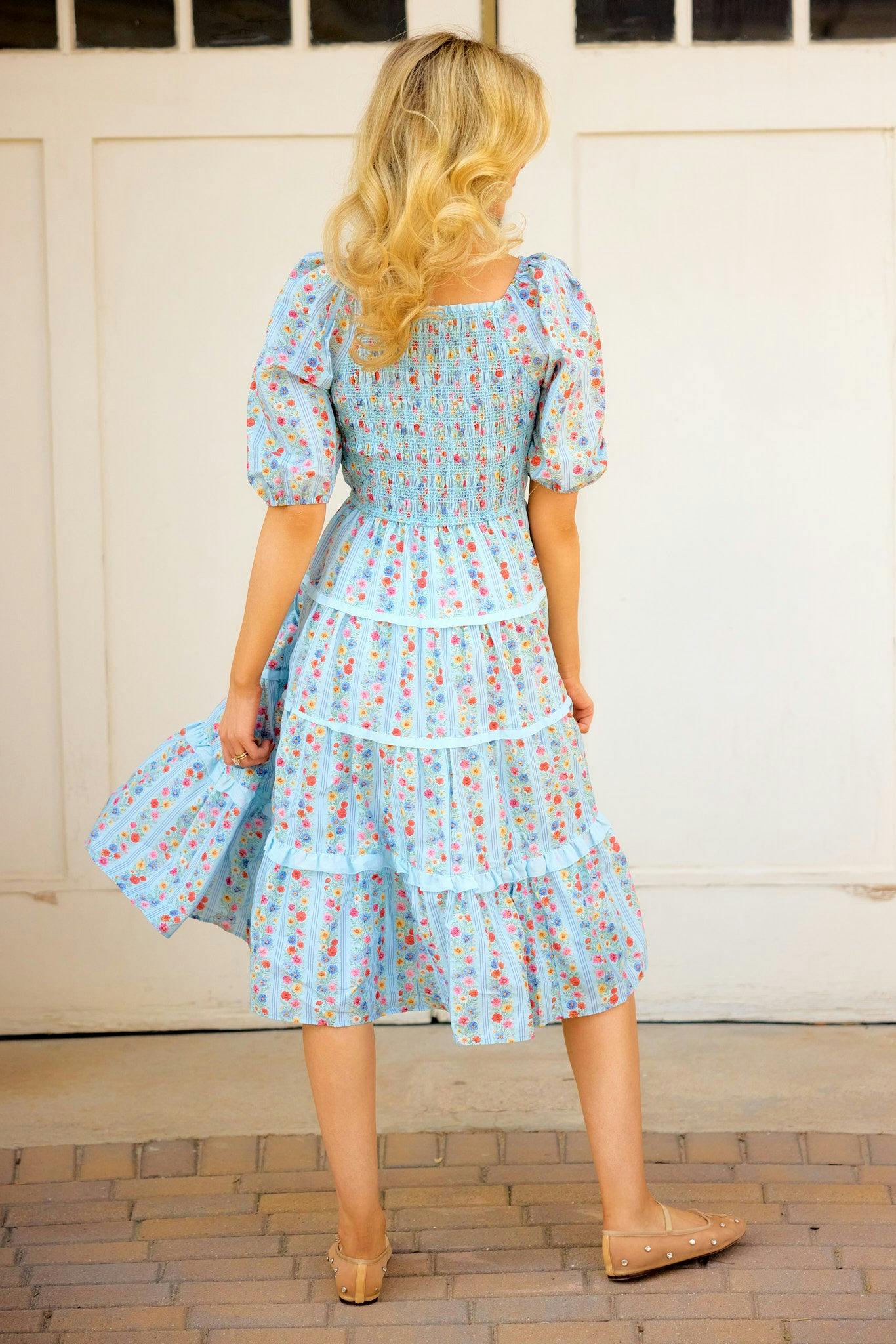 Roselyn Dress in Blue Linear Floral Print