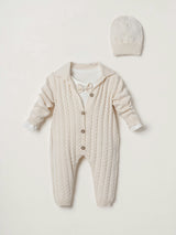 Cream 3-Piece Cable Knit Romper, Bodysuit & Beanie Set
