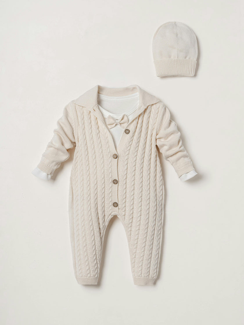 Cream 3-Piece Cable Knit Romper, Bodysuit & Beanie Set