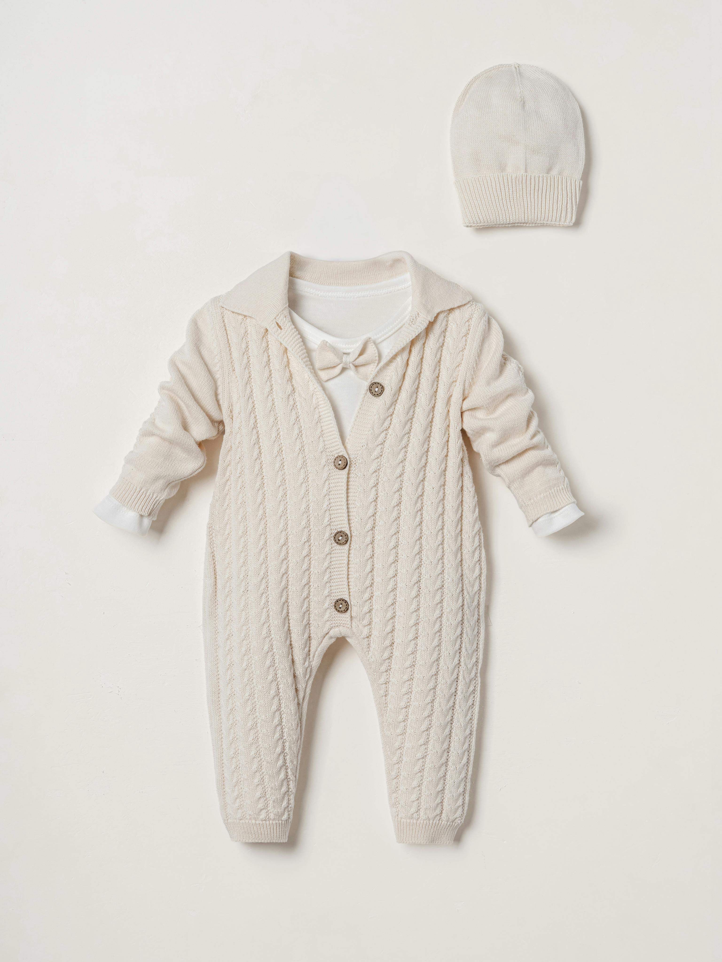 Cream 3-Piece Cable Knit Romper, Bodysuit & Beanie Set