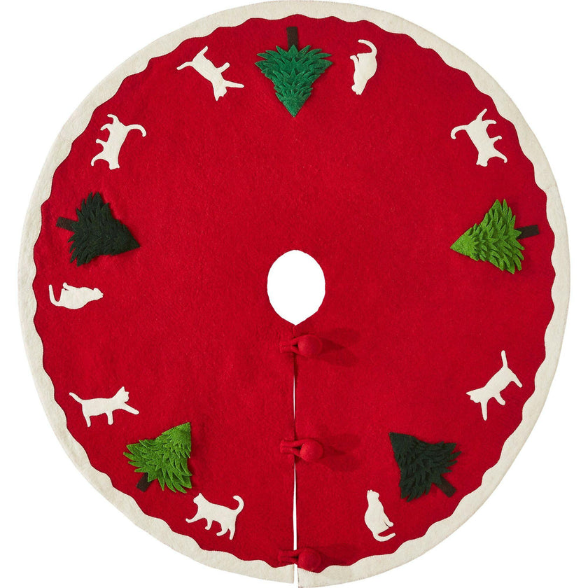 Cats and Green Trees Hand-Felted Christmas Tree Skirt - 60"
