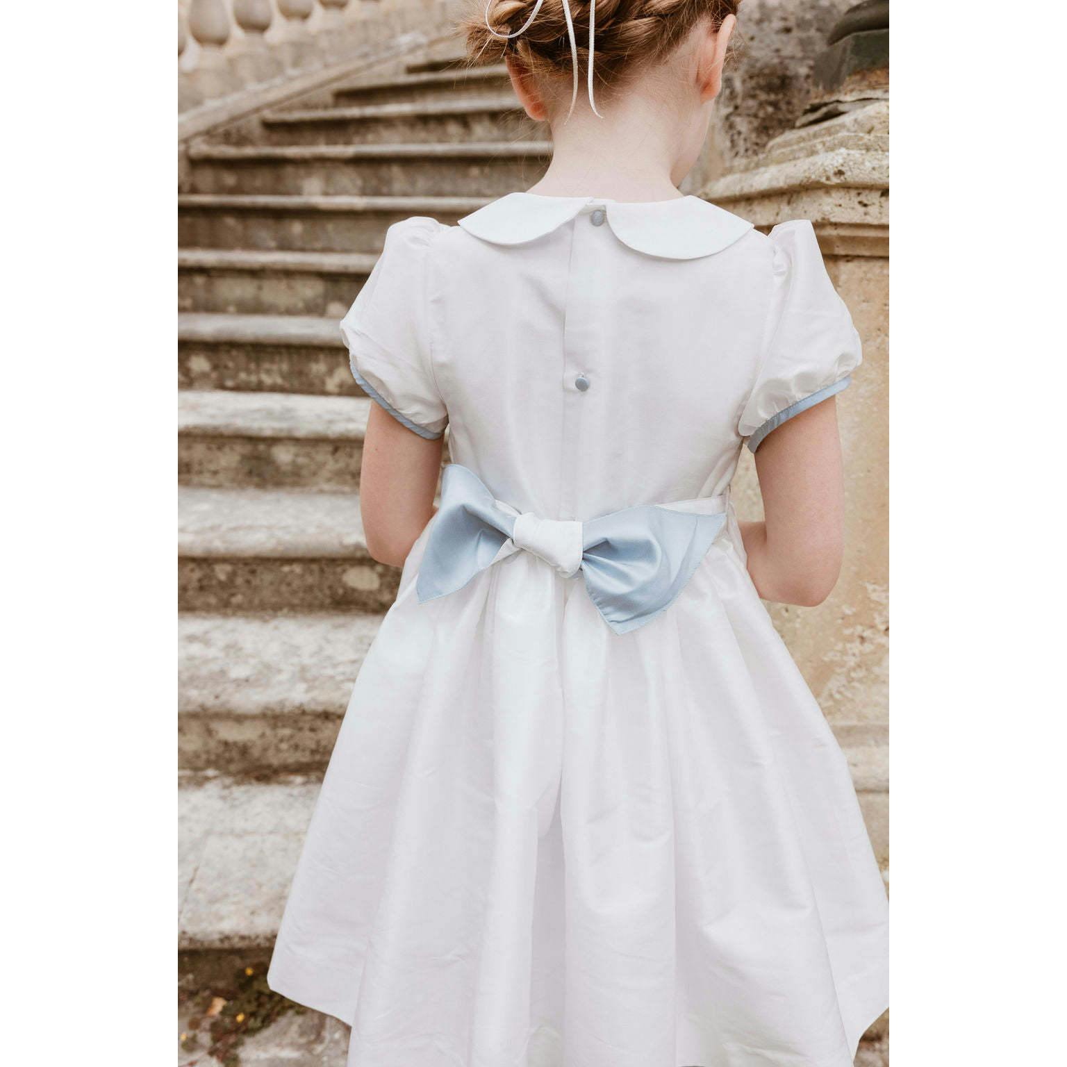 Bagatelle White/Blue Silk Handmade Smocked Dress